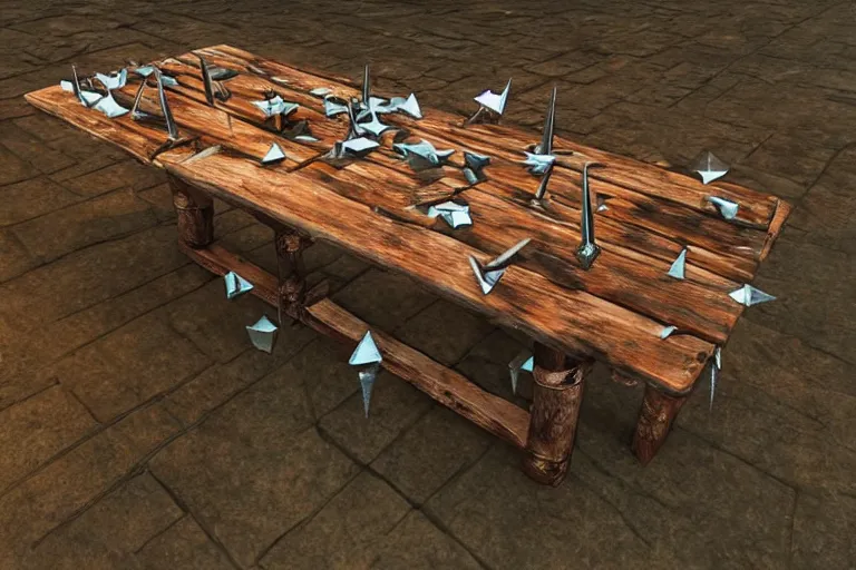 Prompt: a rustic rectangle wooden table with lots of spikes sticking out of it. Dungeons and dragons fantasy digital art, artstation highquality 4k