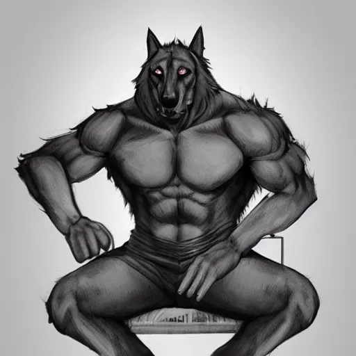 Image similar to a humanoid german shepherd beast - man, wearing gym suit, sitting on a couch, artstation, concept art, smooth, sharp foccus ilustration, artstation