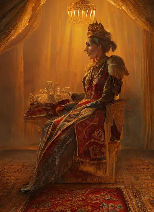 Image similar to portrait of queen commander in outpost tent, persian carpets, lamps, in the style of charles sillem lidderdale, in the style of greg rutkowski, artstation, high quality art