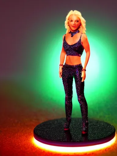 Prompt: a resin miniature of Britney Spears wearing a green sequined peasant crop top, matte black pants, and crimped hair in Warhammer, miniature product photo, full body, on textured disc base, 4K, HD, orange neon backlighting