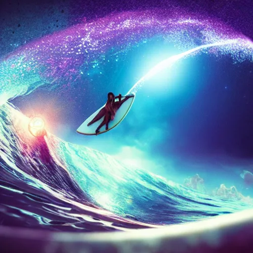 Image similar to photo of a alien surfing a surfboard on a crashing l wave of alien ocean in space, background is an alien galaxy, aliens in the background, alien colors, octane render, unreal engine, wide view, 8 k, high detaild