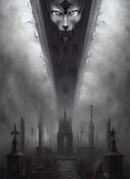 Image similar to By Tom Bagshaw, ultra realist soft painting of a gothic crypt by night, male vampire smile, horror, omnious sky, symmetry accurate features, very intricate details, black and white, volumetric light clouds