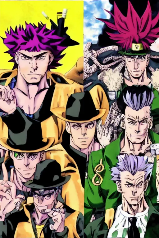 Image similar to jojo's bizarre adventure, jotaro kujo, kakyoin noriyaki, muhammad avdol, jean pierre polnareff, joseph joestar, manga