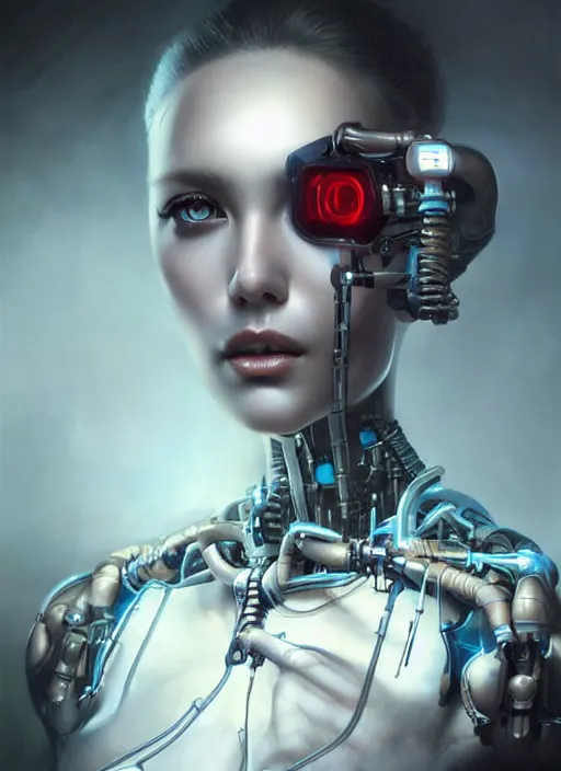 Prompt: a beautiful woman with a cybernetic endoskeleton, painted by artgerm and tom bagshaw, fantasy art, dramatic lighting, highly detailed oil painting