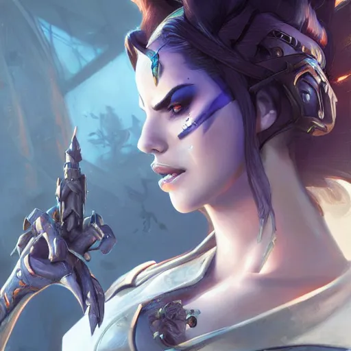 Image similar to Closeup of Widowmaker from Overwatch, D&D, fantasy, intricate, elegant, highly detailed, digital painting, artstation, concept art, matte, sharp focus, illustration, hearthstone, art by Artgerm and Greg Rutkowski and Alphonse Mucha