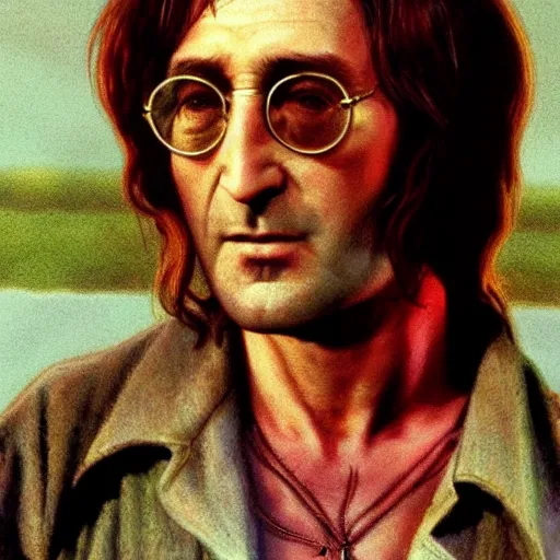 Image similar to john lennon as mickey knox in natural born killers, ultra realistic, concept art, intricate details, highly detailed, photorealistic, octane render, 8 k, unreal engine, art by frank frazetta, simon bisley, brom