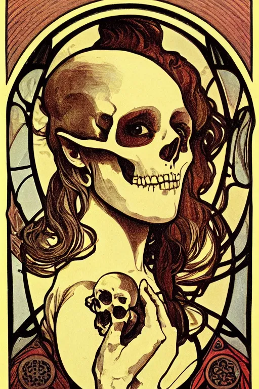 Image similar to skull in the center of a round frame, in the style of Mucha,