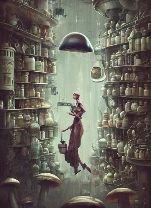 Prompt: a lively and whimsical dark apothecary, cinematic framing, where chrome robots shop grows from the stalk of a giant mushroom, cgsociety, siggraph, dystopian scifi, concept art, set design, oleg oprisco, conrad roset, anka zhuravleva, gediminas pranckevicius