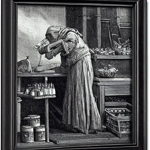 Prompt: wolf works in the supermarket by gustave dore