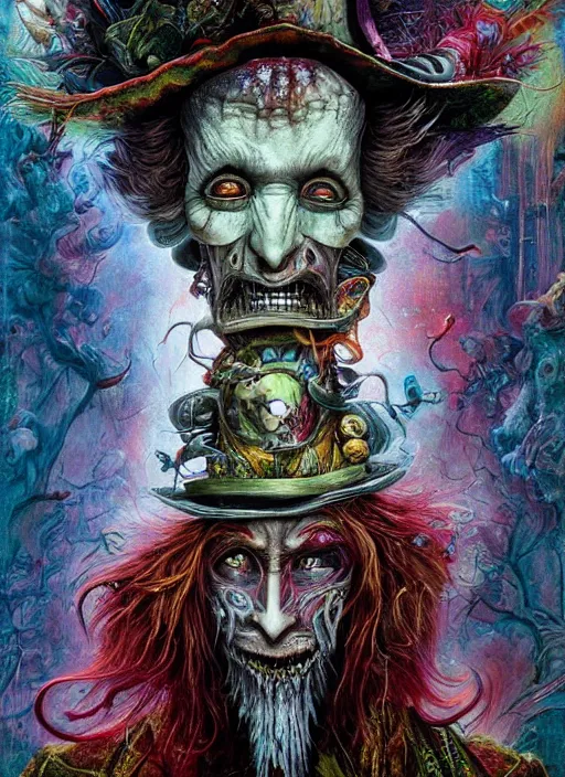 Image similar to mad hatter, mayan god, alien, highly detailed, cinematic, 8 k, by megan duncanson, benjamin lacombe, adrian borda, stanley artgermm, tom bagshaw, craig mullins, carne griffiths, ayami kojima, beksinski, giger, trending on deviantart, hyper detailed, horror, full of colour