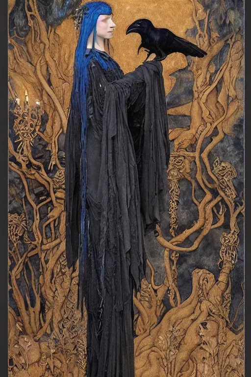 Image similar to a raven dressed as a goth shaman, by Annie Swynnerton and Nicholas Roerich and John Bauer and jean delville and John William Godward and Donato Giancola and Vermeer, black leather and embroidered velvet, iridescent beetles, rich color, dramatic cinematic lighting, featured on Artstation, extremely detailed