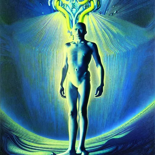 Image similar to realistic extremely detailed portrait painting of a glowing male silhouette, futuristic sci-fi landscape on background by Jean Delville, Amano, Yves Tanguy, Alphonse Mucha, Ernst Haeckel, Edward Robert Hughes, Roger Dean, rich moody colours, blue eyes