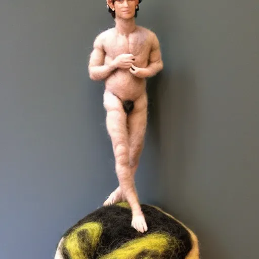 Prompt: needle felted sculpture of david by michelangelo