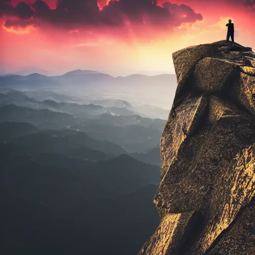 Image similar to A man stands on a mountaintop, looking into the horizon, magical, impressive, infinity, sunset light, Atmospheric phenomenon, artistic photography, muted colors, conceptual