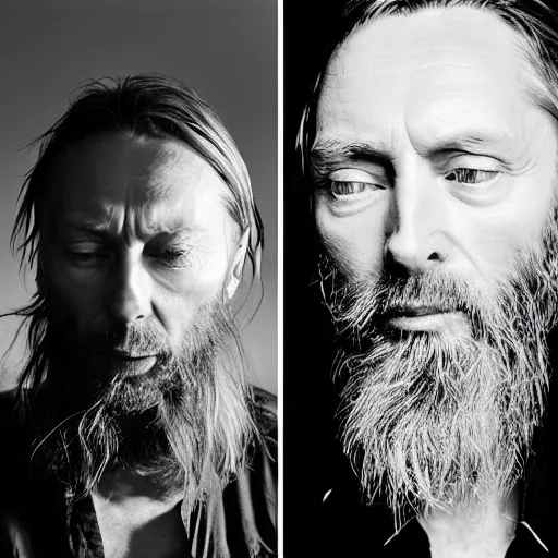 Prompt: Thom Yorke singer songwriter long beard, a photo by Colin Greenwood, ultrafine detail, chiaroscuro, private press, associated press photo, angelic photograph, masterpiece