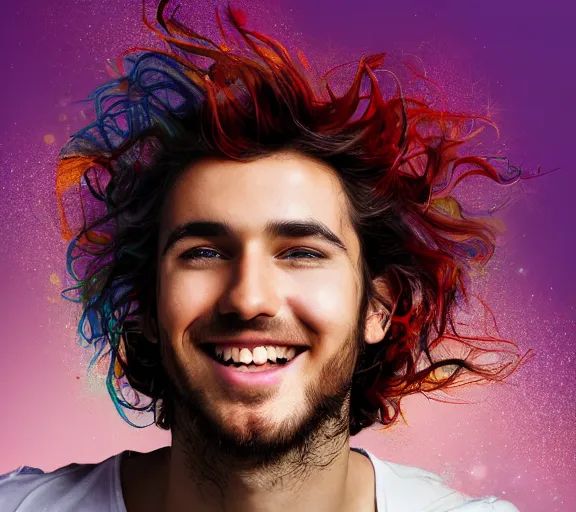 Prompt: beautiful young man smiling running his hand through his hair, digital art, colourful, digital art, seductive.