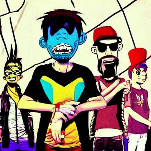 Image similar to the band members of linkin park drawn colorfully in the style of the gorillaz by jamie hewlett