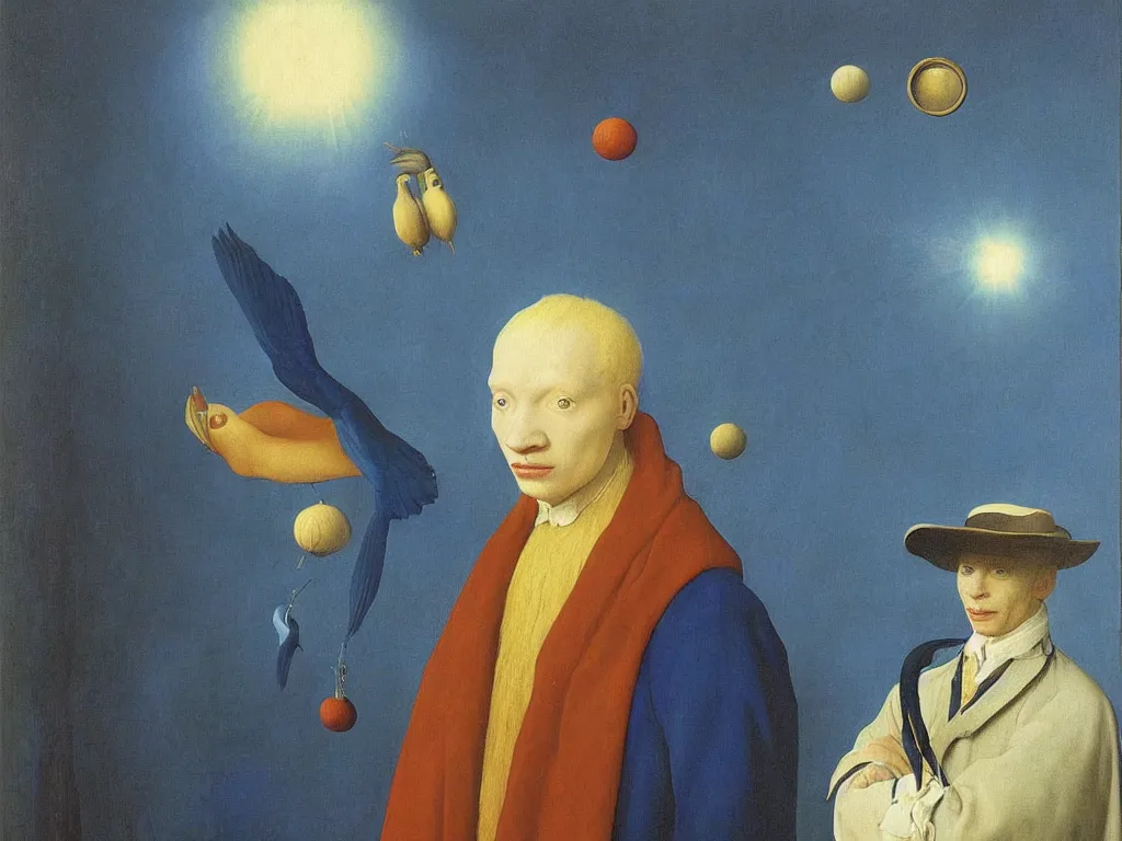 Image similar to Portrait of albino mystic with blue eyes, with exotic meteor. Painting by Jan van Eyck, Audubon, Rene Magritte, Agnes Pelton, Max Ernst, Walton Ford