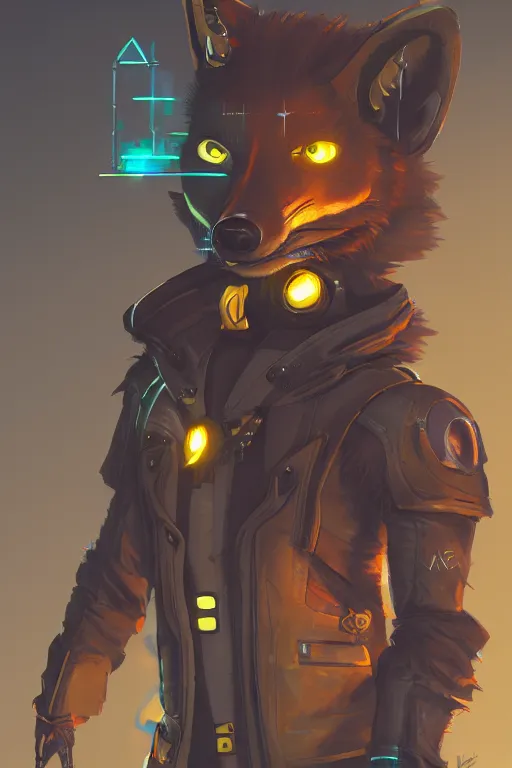 Image similar to an anthropomorphic cyberpunk fox, backlighting, trending on artstation, digital art, furry art, trending on furaffinity, fantasy art, by kawacy