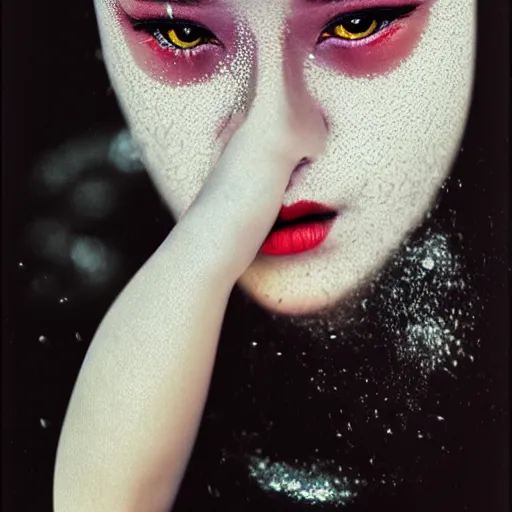 Prompt: beautiful woman in liquid fluid simulation, female upper body, beautiful supermodel, black wave patterns, cinematic light, cinestill, film still, body portrait, geisha, optical illusion, art noveau, female balaclava