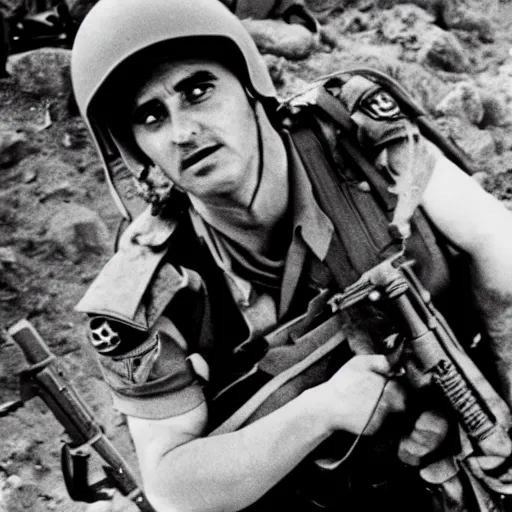 Image similar to black and white photograph of a minion idf soldier fighting in the six day war in 1967