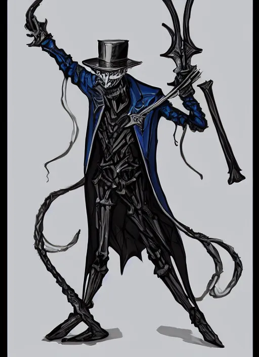 Image similar to DND character art, skeletal male figure, wearing a deep black suit!!! and tie and top hat, holding a gold! cane!. blue!!! flames!!