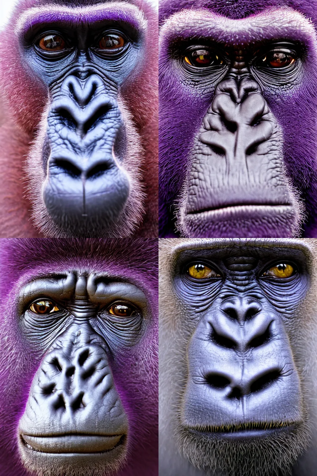 Prompt: purple gorilla, award winning photograph for national geographic, face closeup