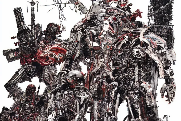 Image similar to cyborg bounty hunters, a color illustration by tsutomu nihei, tetsuo hara and katsuhiro otomo