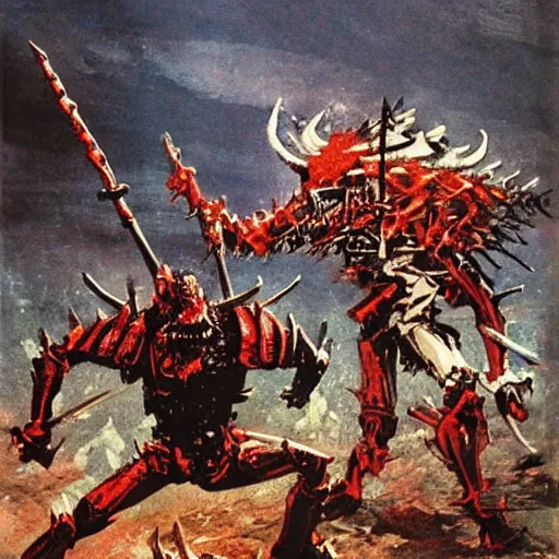 Prompt: a red skeleton knight with horns and spikes fighting a demon in a ruin battlefield, romantism, painted by Ashley Wood, Druillet, Hiroshi Yoshida and Fenghua Zhong