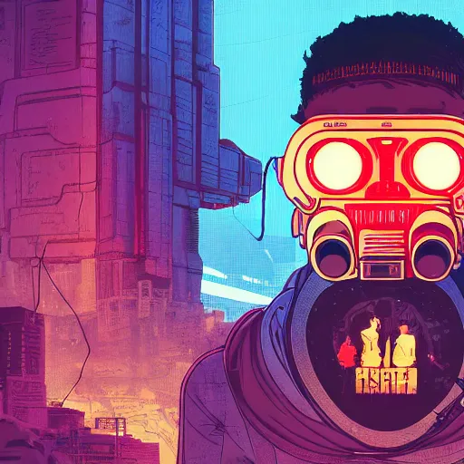 Prompt: in the style of ghostshrimp and deathburger and laurie greasley a young mixed race male explorer wearing a cyberpunk headpiece who is meditating in front of a giant wise decaying robot head, highly detailed, 8k wallpaper