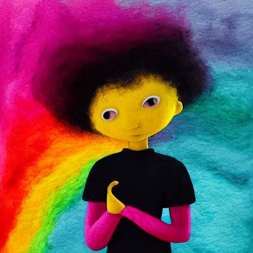 Prompt: a black girl with a colorful afro and rainbow eyes doing ballet, bright colours, bokeh!! watercolor, volumetric wool felting, macro photography, children illustration, by goro fujita