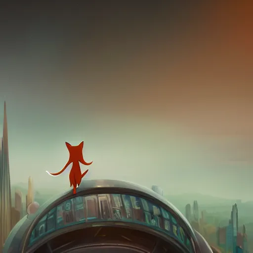 Image similar to an anthropomorphic fox, holding her hands together behind her back staring over a futuristic city from the top of a roof, wide shot, over the shoulder shot, highly coherent, trending on artstation