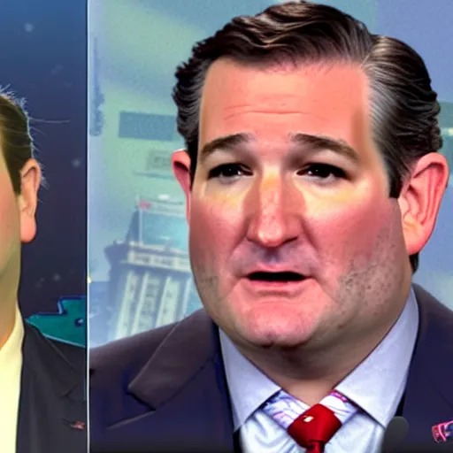 Image similar to ted cruz as a hideous octopus monster, destroys a city, news coverage on local affiliate