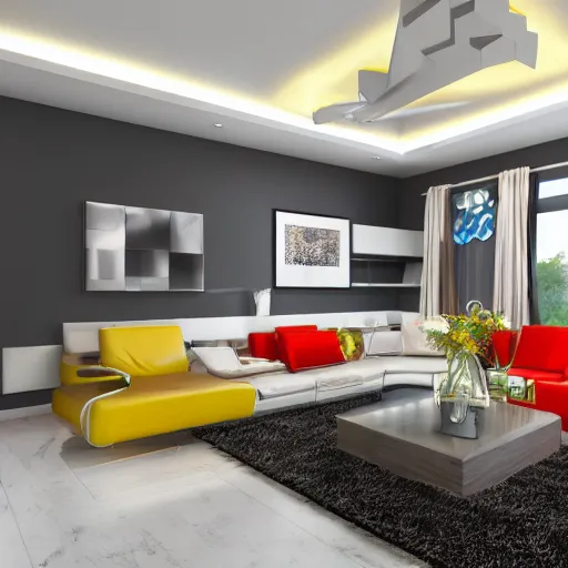 Prompt: contemporary interior home design with sofa and television, bright and colorful, realistic, unreal engine rendering 4 k, hdr shot, bright and clear