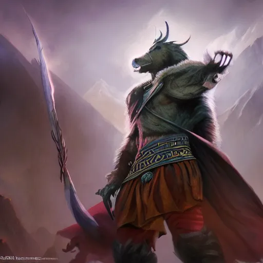 Image similar to Yak, Anthropomorphized, casting epic spell, magic the gathering artwork, D&D, fantasy, cinematic lighting, centered, symmetrical, highly detailed, digital painting, artstation, concept art, smooth, sharp focus, illustration, volumetric lighting, epic Composition, 8k, art by Akihiko Yoshida and Greg Rutkowski and Craig Mullins, heroic pose, oil painting, cgsociety, magic lab background