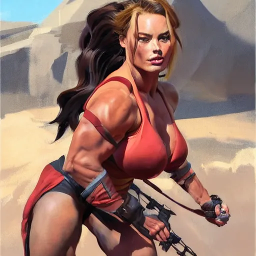 Image similar to greg manchess portrait of margot robbie as thick female bodybuilder lara croft wearing red armour, epic grimdark, fantasy, medium shot, asymmetrical, profile picture, organic painting, sunny day, matte painting, bold shapes, hard edges, street art, trending on artstation, by huang guangjian and gil elvgren and sachin teng
