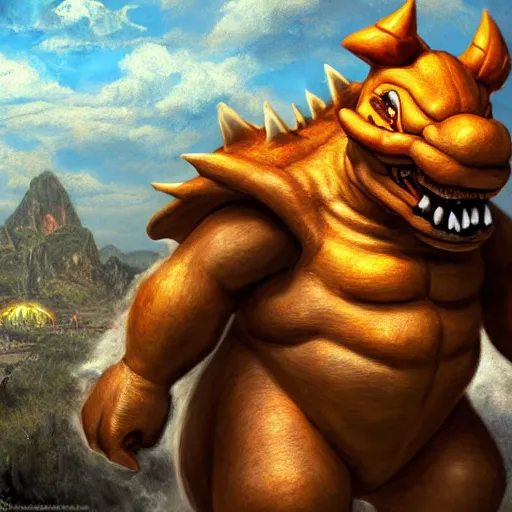 Image similar to An ultra realistic portrait painting of Bowser the Koopa King in the style of Frank Frazetta, 4k, Ultrarealistic, Highly Detailed, Dark Fantasy, Epic Lighting