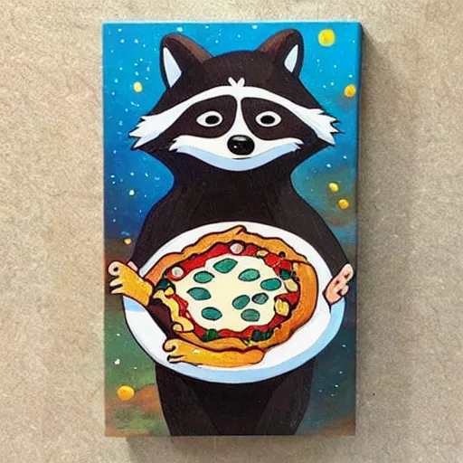 Image similar to a jeremiah ketner and studio ghibli acrylic impasto! painting! of a sad and teary and adorable and cute raccoon eating pizza