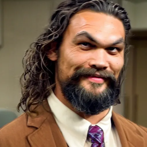 Image similar to a still image of jason momoa as mr. rogers