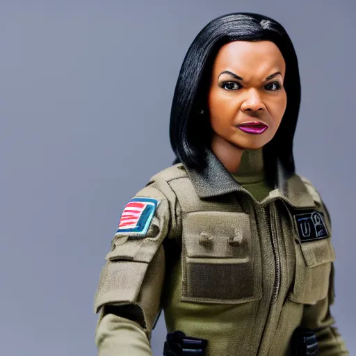 Image similar to Condoleezza Rice as a G.I. Joe action figure, studio photograph, XF IQ4, 150MP, 50mm, F1.4, ISO 200, 1/160s, natural light, Adobe Photoshop, Adobe Lightroom, photolab, Affinity Photo, PhotoDirector 365