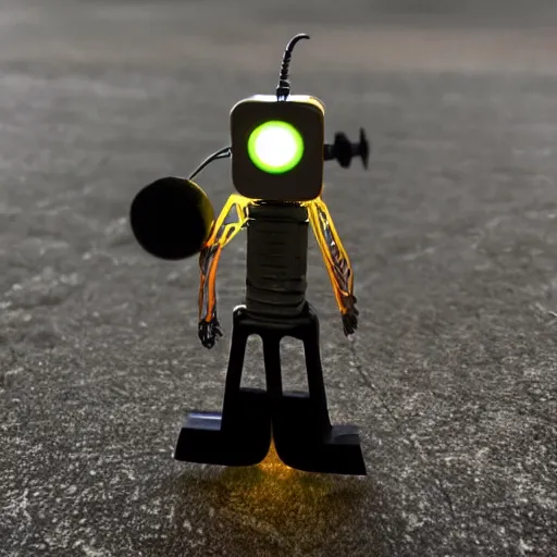 Prompt: photo of mini robot made of spare electric parts and glowing nixie minimal liminal design