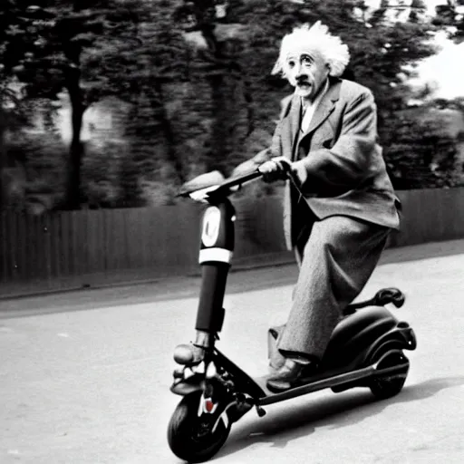Prompt: Albert Einstein rides an electric scooter with his tongue out, moody, beautiful composition