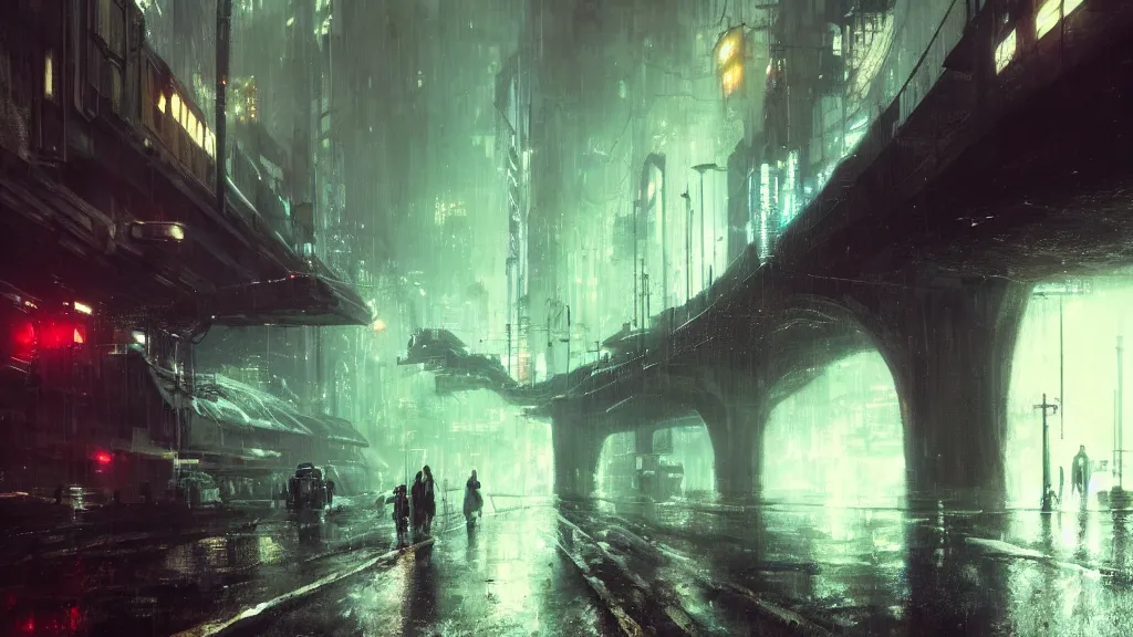 Image similar to under a city highway bridge of a cyberpunk city, rain, night, mist, flying shuttles, advertising pannels, blade runner, rays of light, james gurney, greg rutkowski, unreal engine, artstation