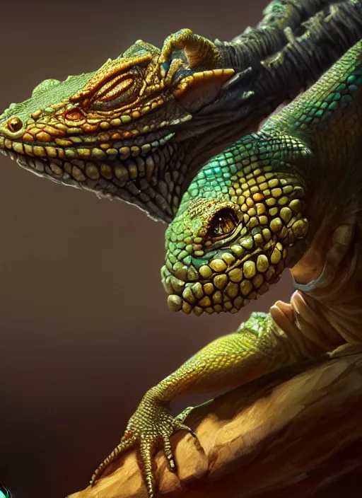 Image similar to humanoid lizard with kimono, subsurface scattering, by jesper ejsing, justin gerard, tomasz alen kopera, cgsociety and fenghua zhong, highly detailed, rim light, cinematic lighting, illustration, art, octane render, very coherent, cinematic, hyper realism, high detail, octane render, 8 k