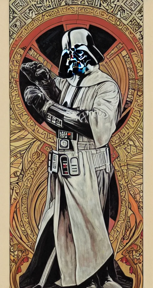 Prompt: Darth Vader , art nouveau by Alphonse Mucha