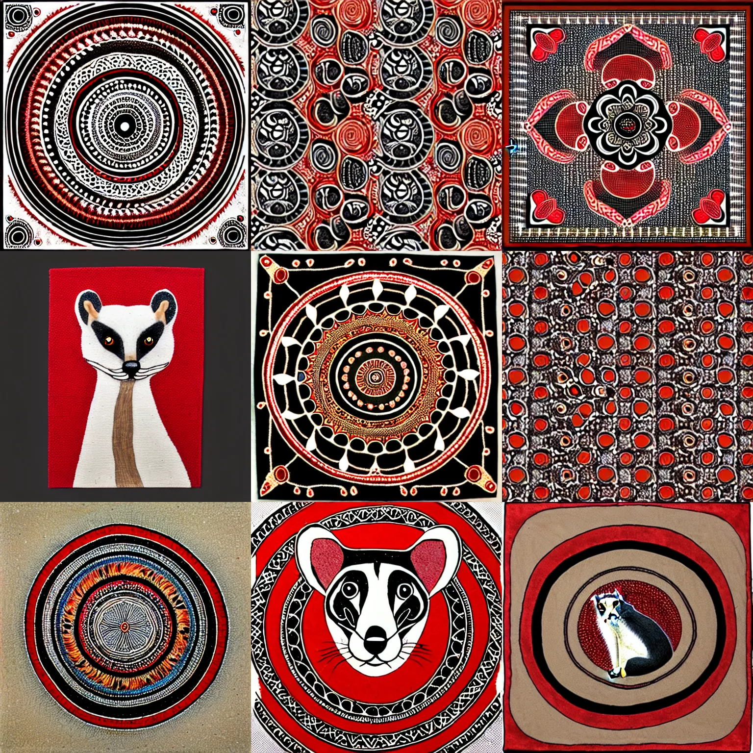 Image similar to weasel / stoat / ermine, red - black, mandala