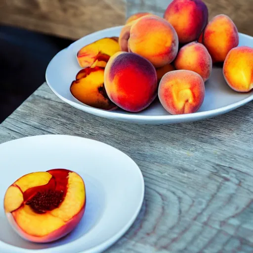 Image similar to girl in the background, table and plate of peaches in the foreground,