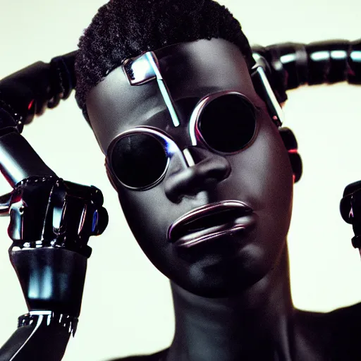 Image similar to a cinematic film still of rapper unotheactivist as a cybernetic cyborg, cgi, surrealism, film photography