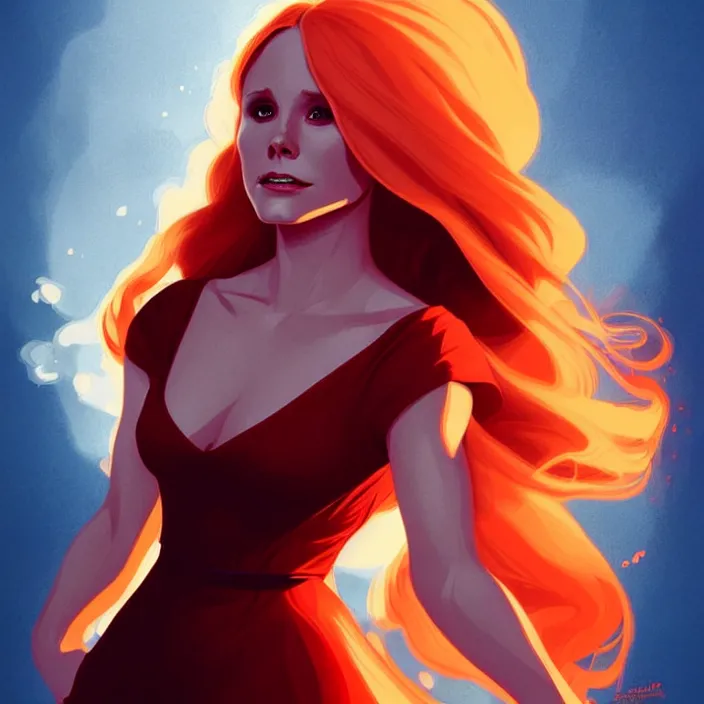 Image similar to style artgerm, joshua middleton, beautiful kristen bell with dark red dress, very long orange hair, symmetrical face, symmetrical eyes, fire powers fire swirling, detailed, volcano setting, cinematic lighting