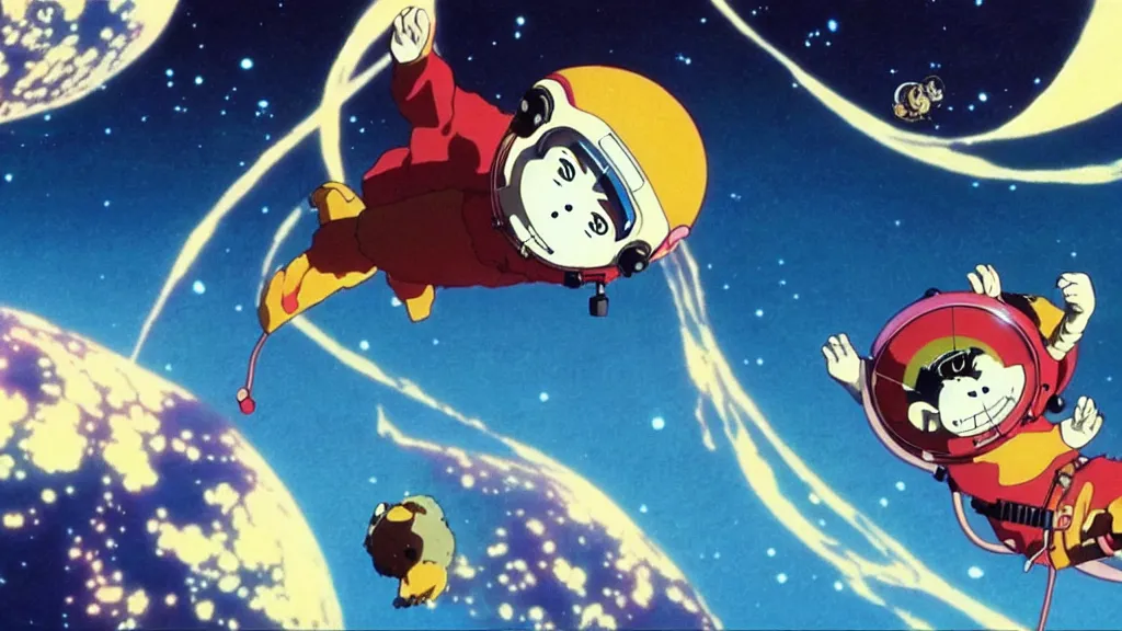 Image similar to monkey exploring space, anime film still from the an anime directed by katsuhiro otomo with art direction by salvador dali, wide lens